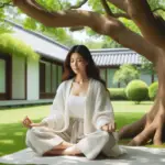 A lady meditating peacefully underneath a tree. The lady is simply enjoying the stillness and her time alone