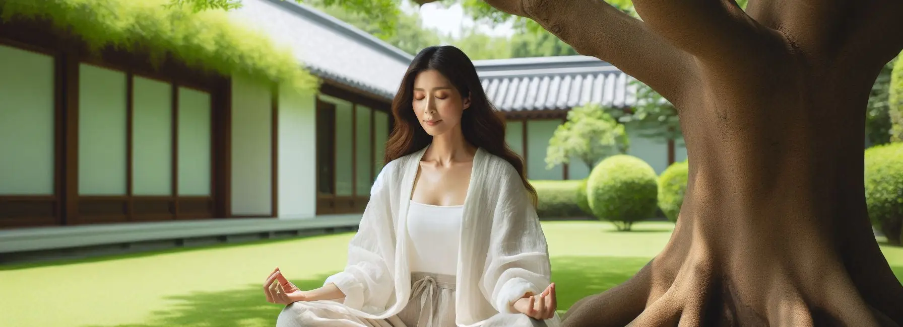 A lady meditating peacefully underneath a tree. The lady is simply enjoying the stillness and her time alone