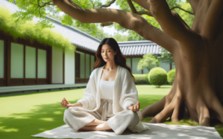 A lady meditating peacefully underneath a tree. The lady is simply enjoying the stillness and her time alone