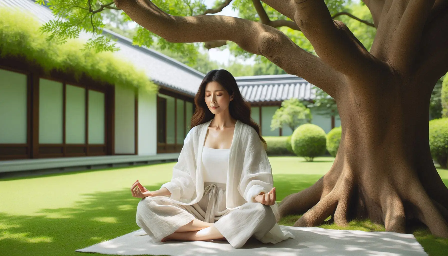 A lady meditating peacefully underneath a tree. The lady is simply enjoying the stillness and her time alone