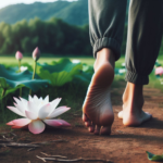 In the serene landscape, bare feet tread gently upon the rich earth, their soles connecting with the very essence of life. Beneath them, lotus flowers bloom, their delicate petals unfurling in a dance of grace