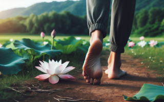 In the serene landscape, bare feet tread gently upon the rich earth, their soles connecting with the very essence of life. Beneath them, lotus flowers bloom, their delicate petals unfurling in a dance of grace