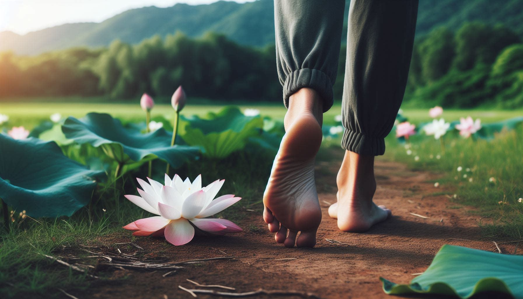 In the serene landscape, bare feet tread gently upon the rich earth, their soles connecting with the very essence of life. Beneath them, lotus flowers bloom, their delicate petals unfurling in a dance of grace